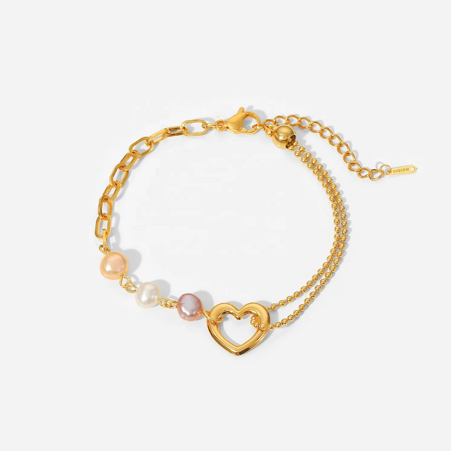 

Waterproof Jewelry 18K Gold Plated Colorful Pearl Bracelet Gift Stainless Steel Bead Chain Heart Charm Pearl Bracelet for Women