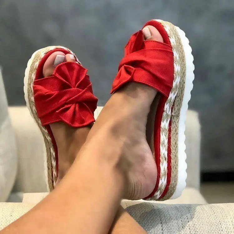 

2021 New European and American bowknot beach slippers thick-soled wedge hemp rope plus size sandals, Seven colors or customized