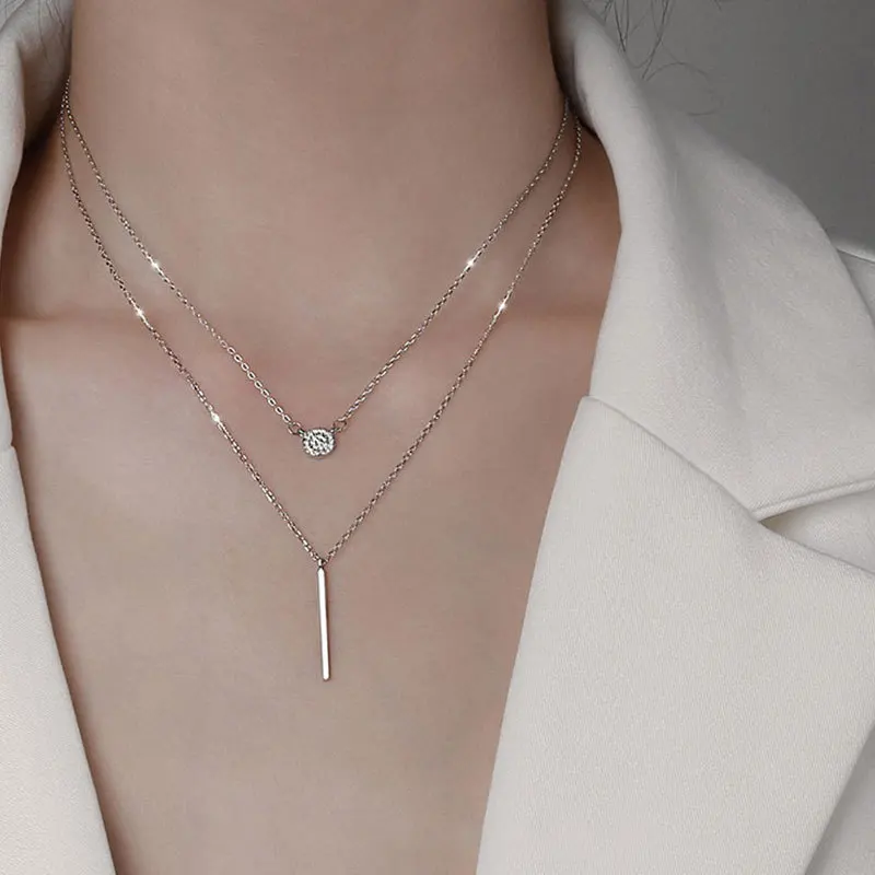 European Fashion 925 Sterling Silver Geometric Long Pendant Necklace Double Layers S925 Silver Necklace for Women