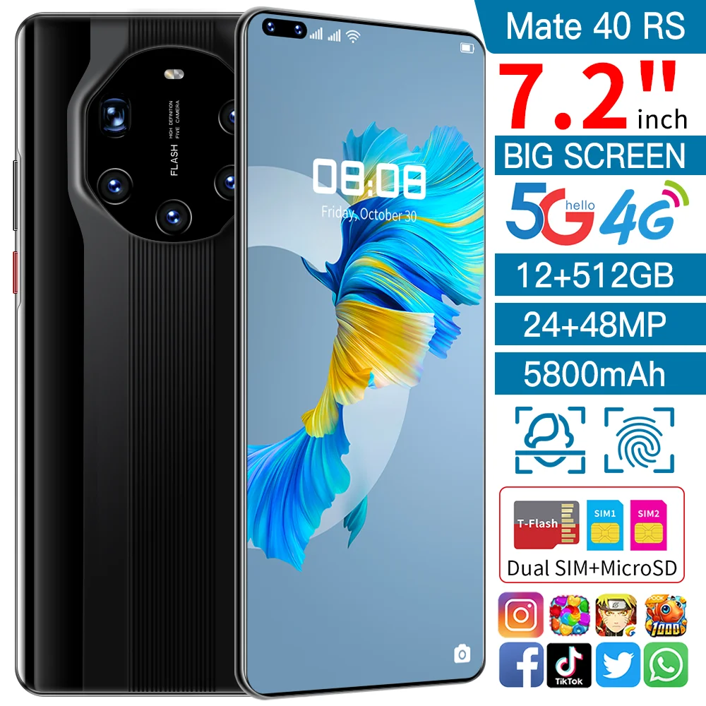 

Mate40 RS 7.2 inch screen Android phone 512GB memory Mobile phone 5800mAh large battery dropshipping smart phone, Black,white