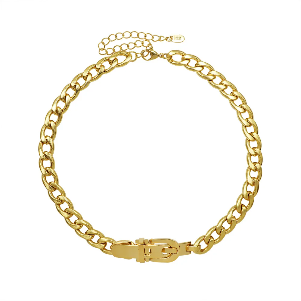 

Retro 18K Gold Plated Watch Belt Cuban Chain Choker Stainless Steel Strap Buckle Bracelet Necklace