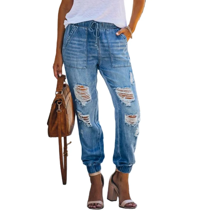 

Ripped Jeans Cut Out Washed Denim Pants Elastic Drawstring String High Waist Ladies Jeans, Picture colors