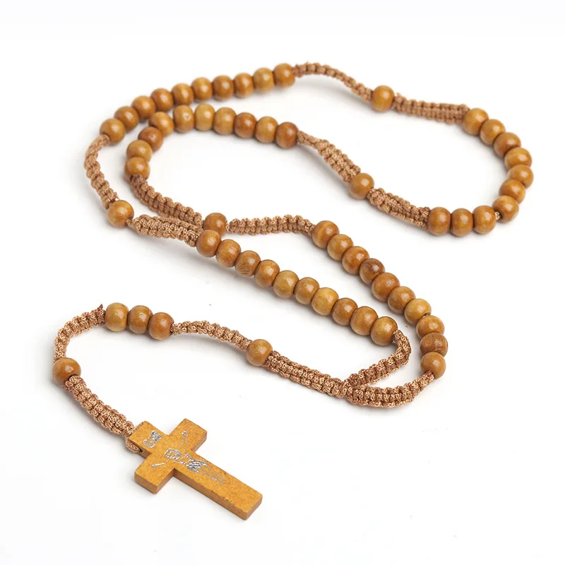 

Catholic Religious Souvenirs Wood Rosary Necklace Charm Cross Jesus Necklace, Picture