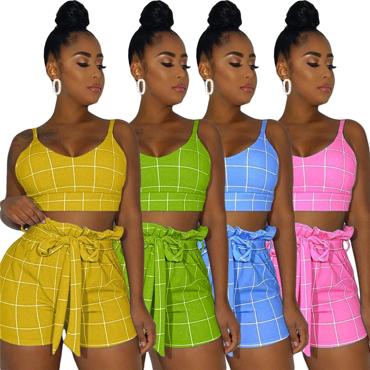 

Fashion Plaid Print Outfits Casual Tank Tops Shorts Summer Street Women Two Piece Set