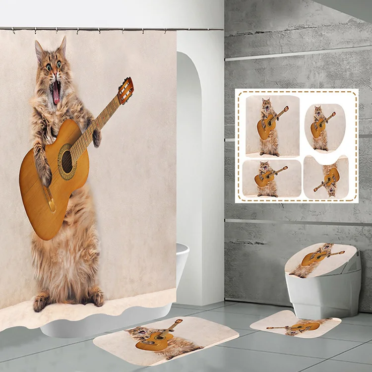 

Bad Cat Waterproof 3D Digital Print Custom Cute Kids Bathroom Cartoon Kitten Shower Curtain Set