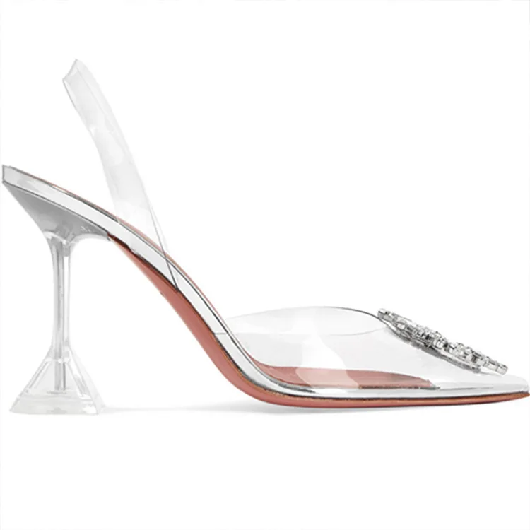 Pointed Toe Transparent Sandals Women Summer Word Rhinestone Dress Party Shoes Sexy Clear High Heels Princess Shoes