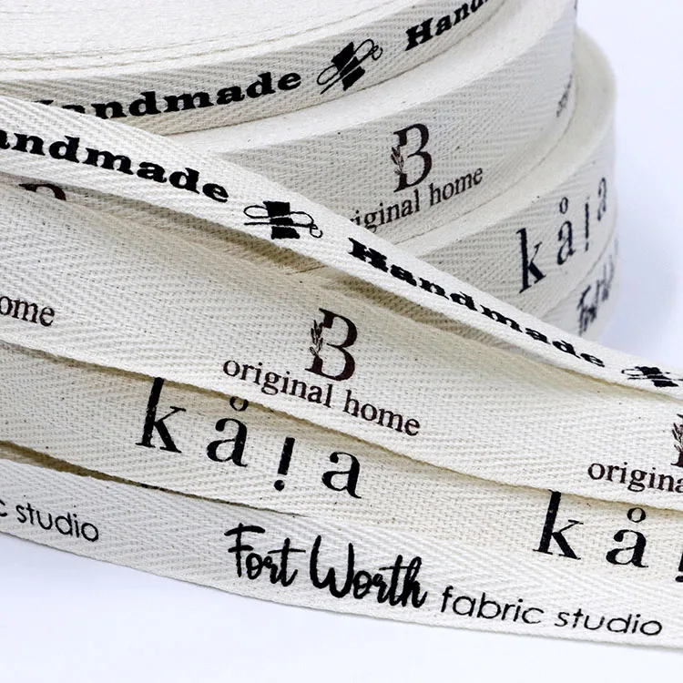 

Custom logo 3/4 inch 2 cm natural printed herringbone twill 100% cotton ribbon