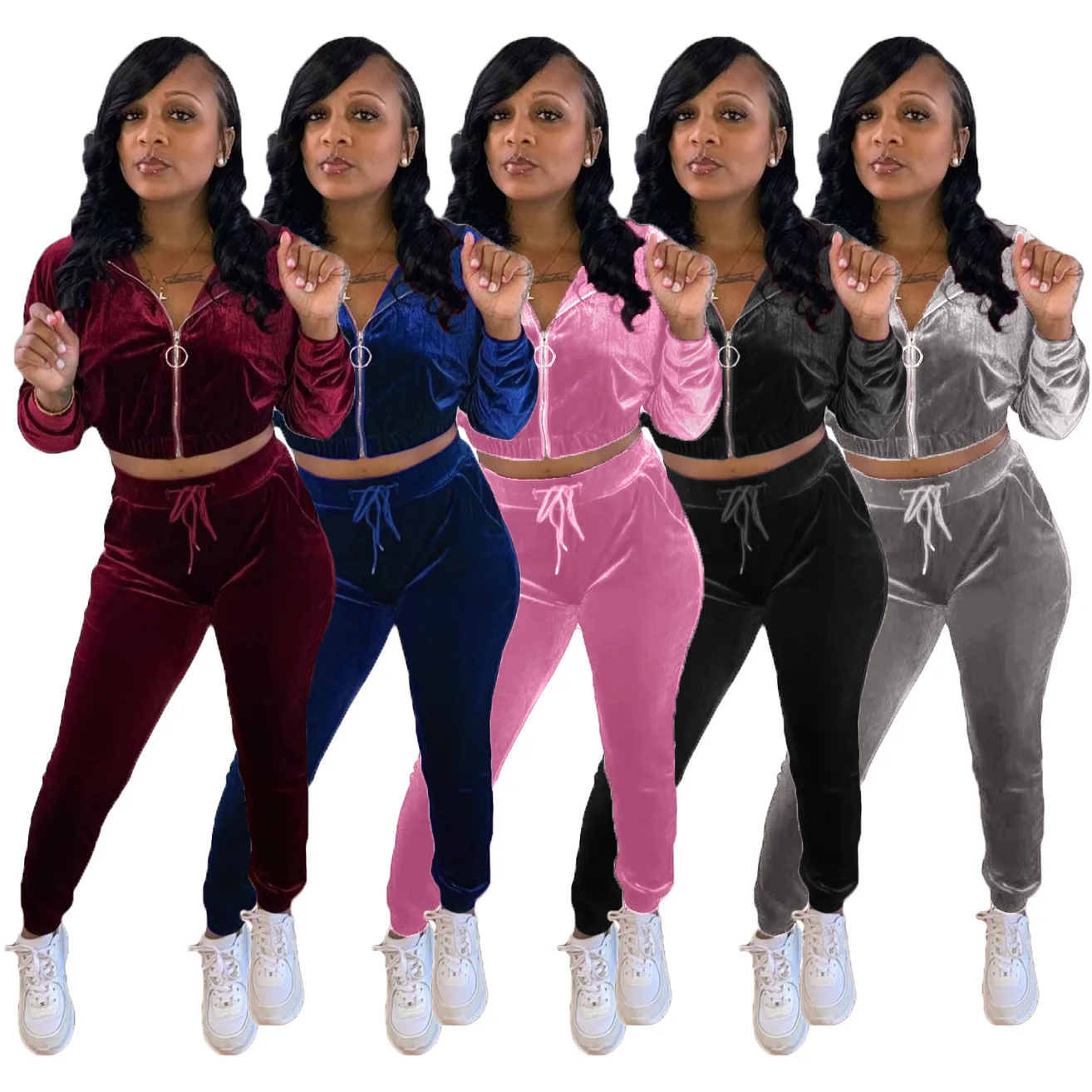 

Factory wholesale European winter hot style hooded stretch sports suit two piece women