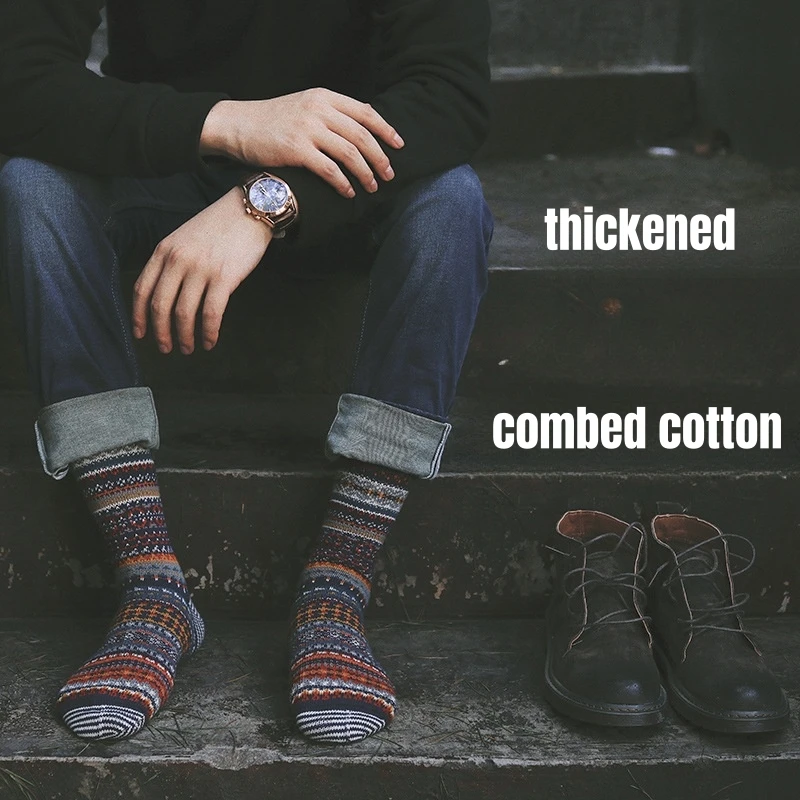Wholesale Men's Thick Winter Warm Ethnic Retro Style Crew Socks Combed Cotton Knitted Breathable Casual Sports Hiking Socks
