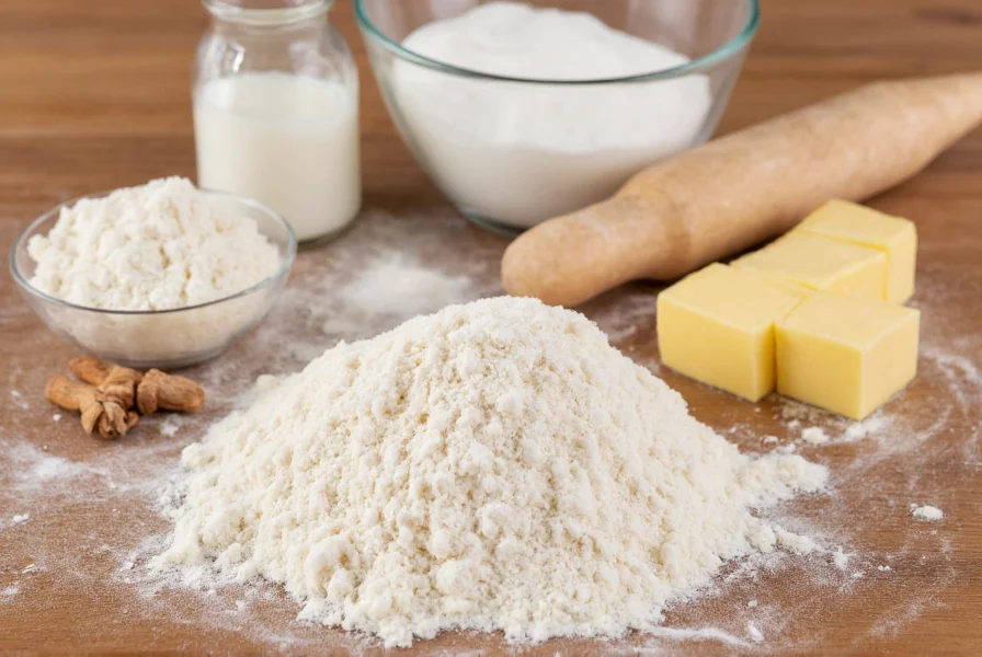 Close-up of ingredients for cinnamon bun dough recipe including flour, yeast, milk, butter, and sugar arranged neatly on wooden table