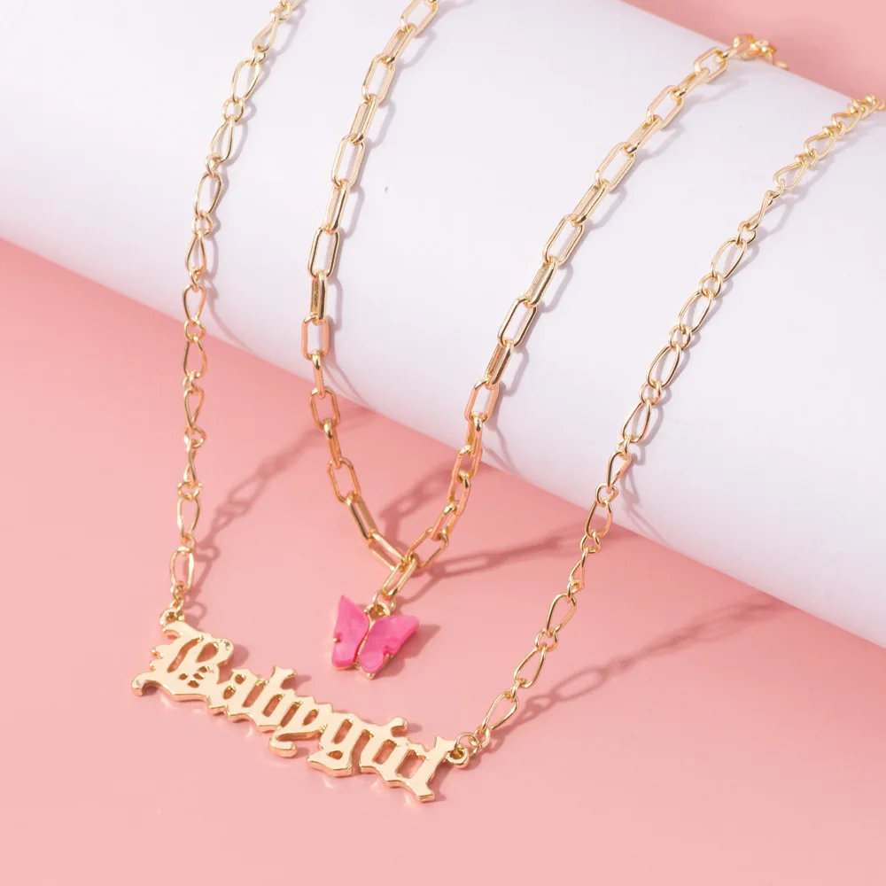 

Fashion Acrylic Butterfly Old English Font Pendants Necklace Double Layer Acetic Acid Babygirl Necklace Choker Statement Jewelry