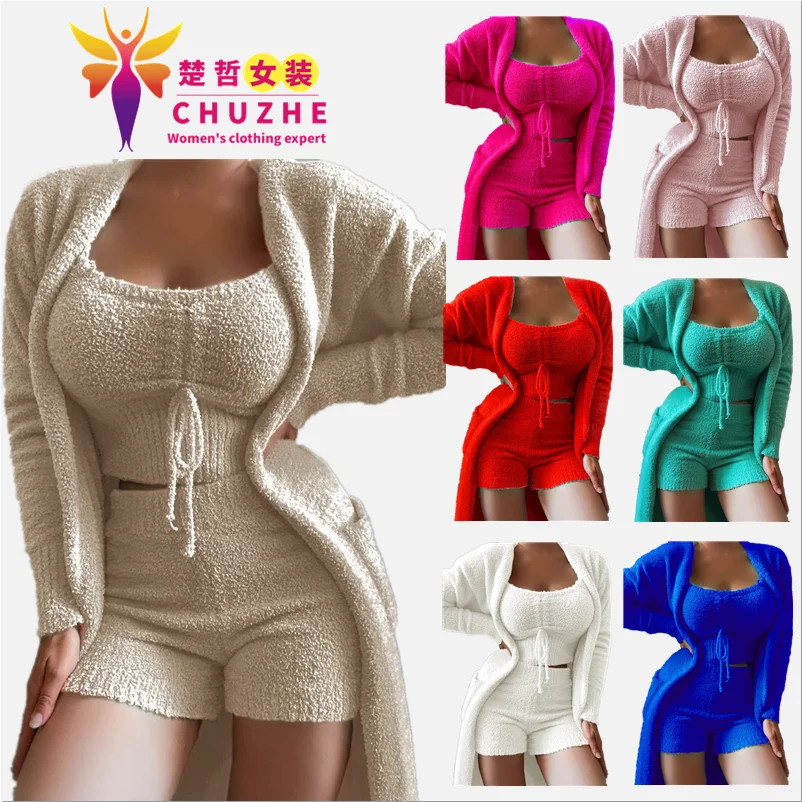 

New Product 7 color Spring 2022 women clothes solid color lounge wear woolen vest jogging suit 3 pieces sets women short sets, Picture color