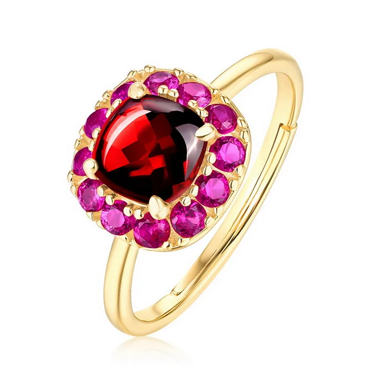 

Natural Garnet Gold Plated Silver Resizable Charming Ring Red Gemstone Carbuncle Rings