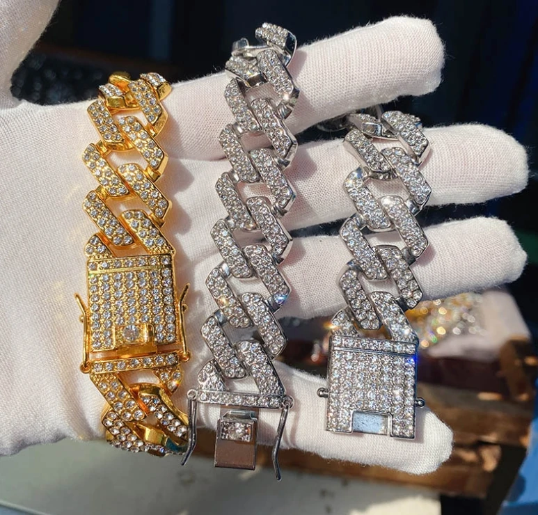 

20mm Bar Cuban Chain Men's Geometric Chunky Necklace Gold Plated Full Rhinestone Hip Hop Necklace