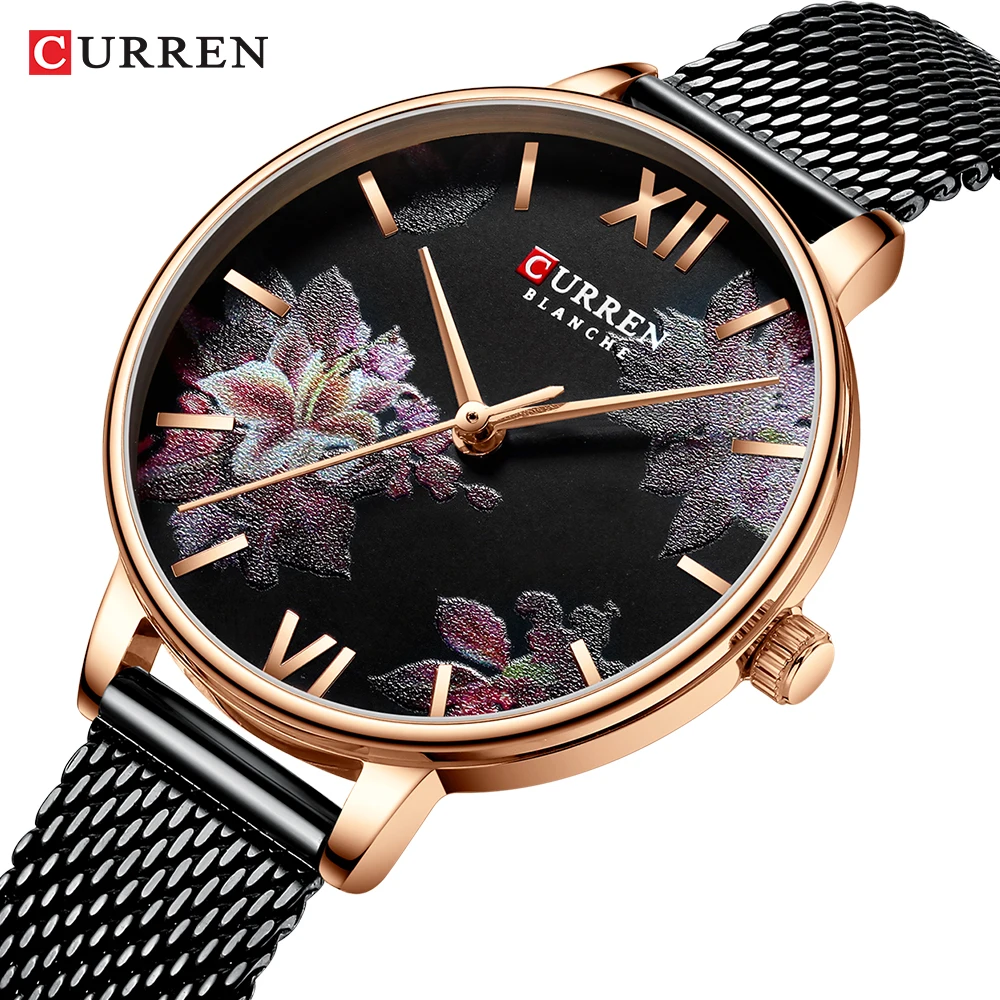 

CURREN 9060 Beautiful Flower Design Watches Women Fashion Casual Leather Wristwatch Ladies Watch Female Women's Quartz Watch