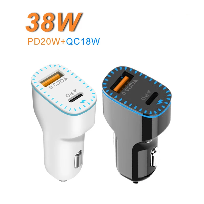 

2 Ports 38W & 3 Ports 33W Two Versions USB Type C Power Adapter Mobile Phone Cigarette Lighter Car Charger with Led Light, White black