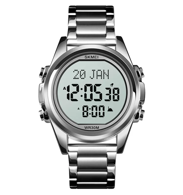 

Fashion SKMEI 1667 Silver Qibla Stainless Steel Waterproof Digital Watch, As show