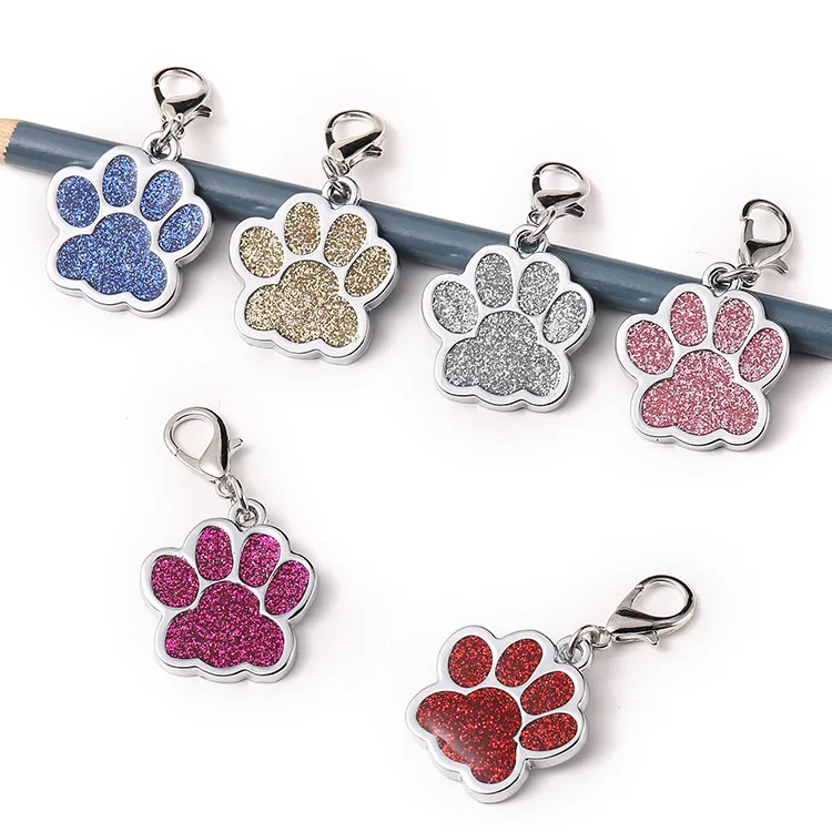 

Custom Many Colors Easy Read Cute Glitter Paw Personalized Zinc Alloy Cat Dog Pet ID Tags with Buckle, Gold, silver, blue, pink, red, rose red