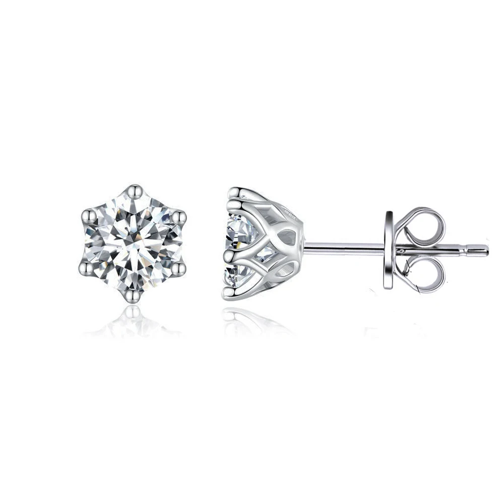 Concise Style 6 Claw Setting White Cubic Zircon Girls S925 Sterling Silver Single Stone Stud Earrings for Women Dating Gift