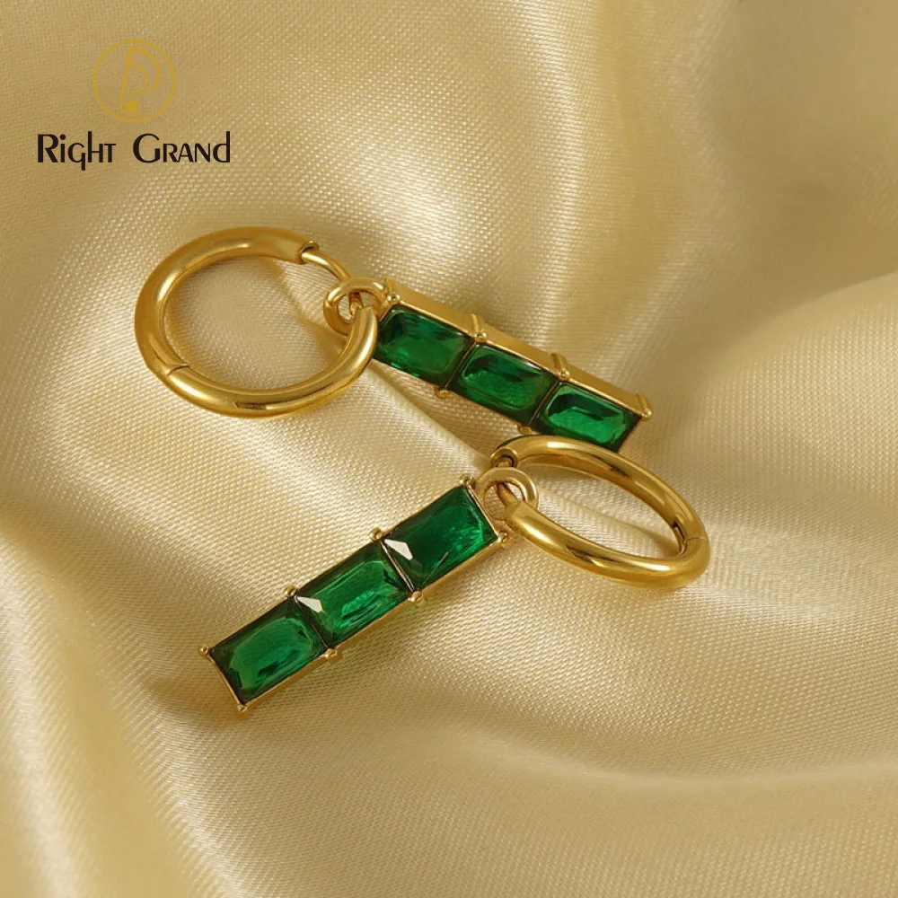 

18K Gold-plated Wholesale Elegant Green Zircon Bamboo Tassel Pendant Stainless Steel Earrings for Women