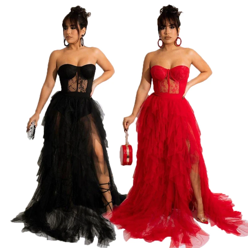 

B1204TA15 EBAY Hot Selling Split Lace Mesh Dress Transparent Breast Wrap Evening Prom Dresses