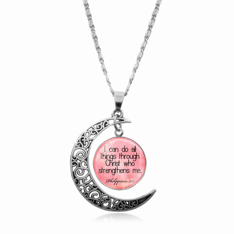 

Cheap High Quality I Can Do All Things Words Customized Necklace Pink Pendant with Half-moon Shape Pendant Necklace Women, As your demand