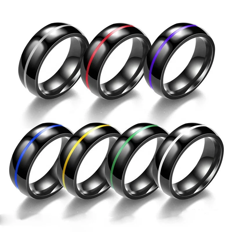 

High Quality Hot Selling Trendy Fast Shipping Men Women Fashion 316L Stainless Steel Enamel Line Rings, Black plated