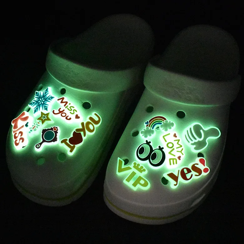

Assorted Designs luminous Available Promotional Shoes Decoration Charms Soft PVC Shoe Charms For Croc luxury charms, As picture