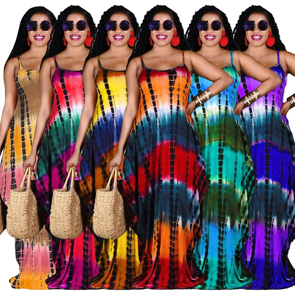 

2021Hot Sale New Summer Fashion Women Tie Dye Dress loose Sling Dress