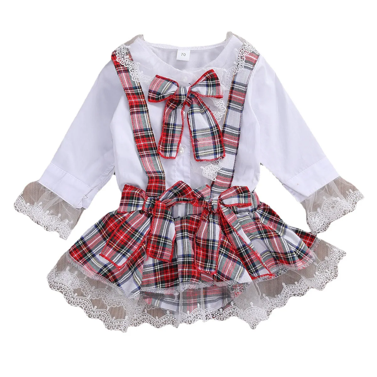 

Girls foreign trade children clothing long-sleeved lace stitching bowknot cute college style suspender skirt infant baby clothes