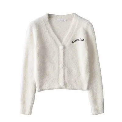 

factory custom fall European solid color sweater women letter embroidery V neck mohair knitted cardigan mujer