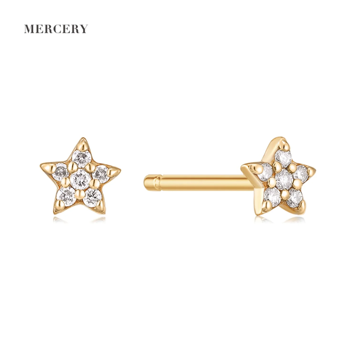 

Mercery Fine Jewelry Cute Shining Golden Star Jewelry Earring Women Real Diamond Pentagram 14k Solid Gold Stud Earrings