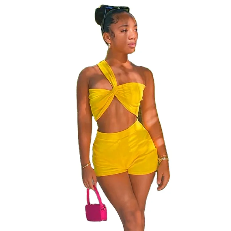 

Leisure solid color new style one shoulder tops 2021 trendy summer women 2 piece shorts set clothing 2pc sets