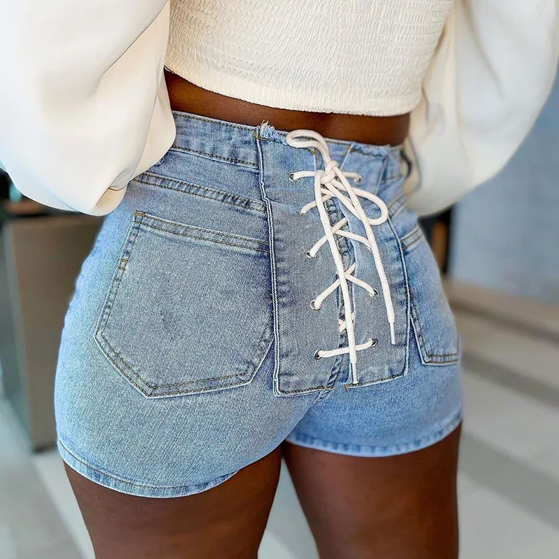 

2021 Summer New Pure Color Buckle Back Strap Stretch Slim Jeans High Waist Skinny Straight Bottom Casual Denim Shorts Women