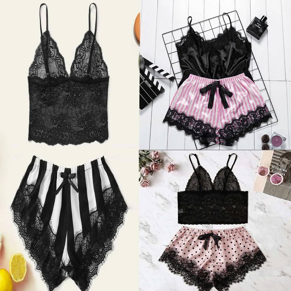 

2020New Sexy Lace Satin Lingerie Stripe Wave Points Print Shorts 2 Pieces Women Pyjamas Sleepwear, 3 option