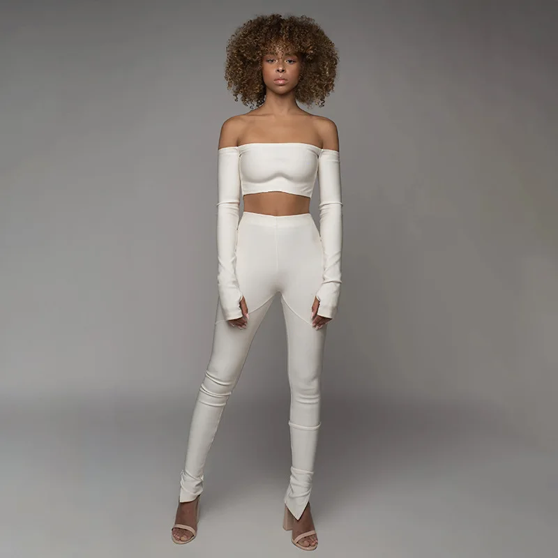 

2020 new arrivals autumn designs women two pieces off shoulder crop top with full length trousers set