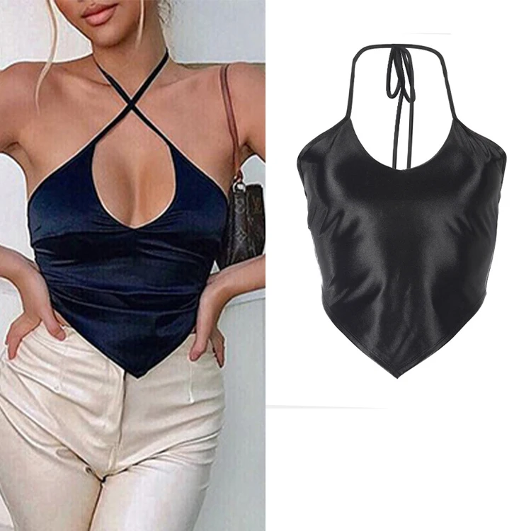 

Femme Basic Outfit Casual Vacation Party Low Cut Bandage Halter Crop Tops Sexy Satin Y2k Womens Camisole, White,black