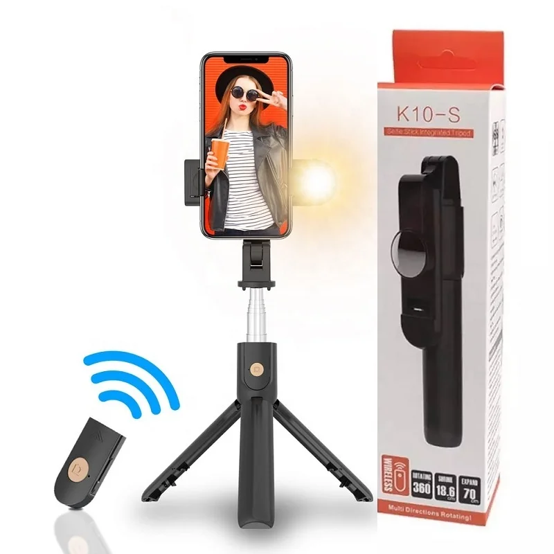 

K10s Mobile Phone Monopod Selfie Stick Tripod with Wireless Remote Shutter and LED Light