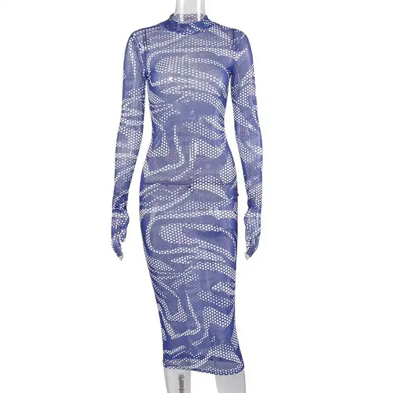 

Collar Mesh Perspective Printing Medium Length Dress Sexy Women Casual Dresses
