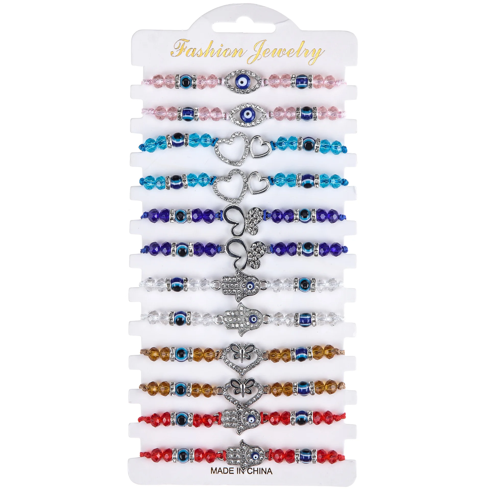 

12 Pcs Evil Eye Bangles Adjustable Crystal Hamsa Heart Butterfly Charm Mal De Ojo bracelets Heart Bracelets for Valentine's Day