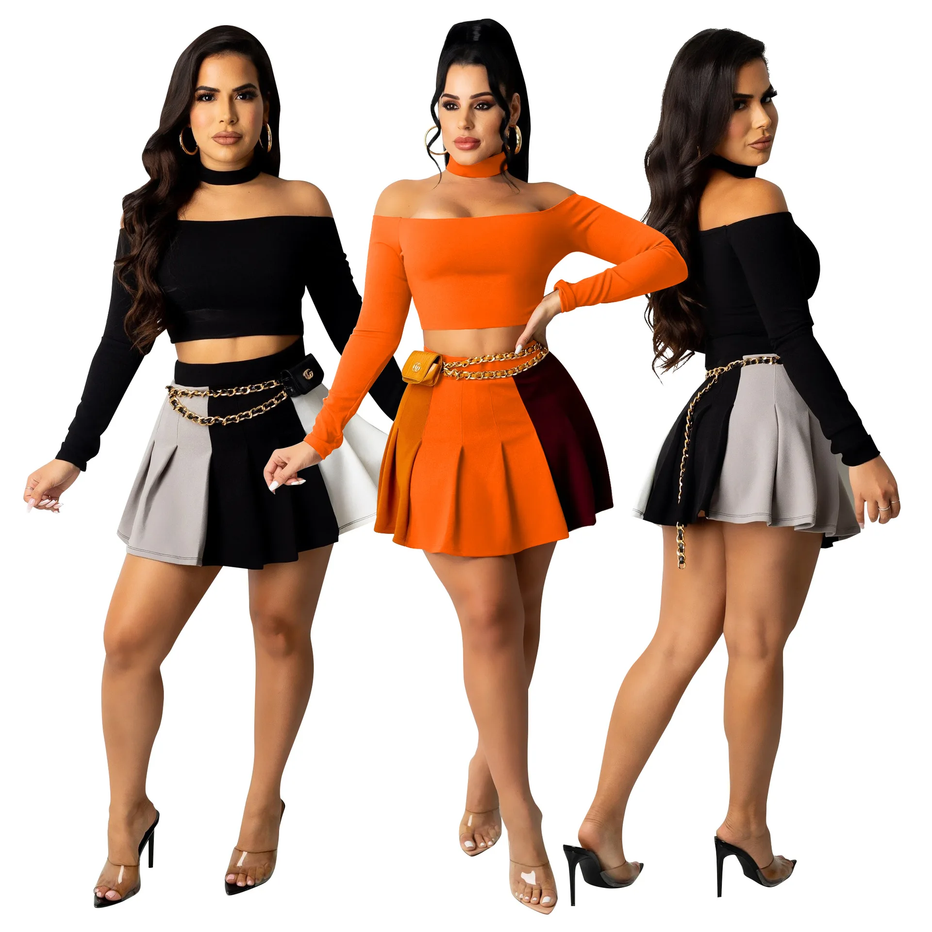 

Sexy Long Sleeve Patchwork Pleated Fall Fashion One Shoulder Stitching Crop Top Mini Skirts Two Piece Set Outfits