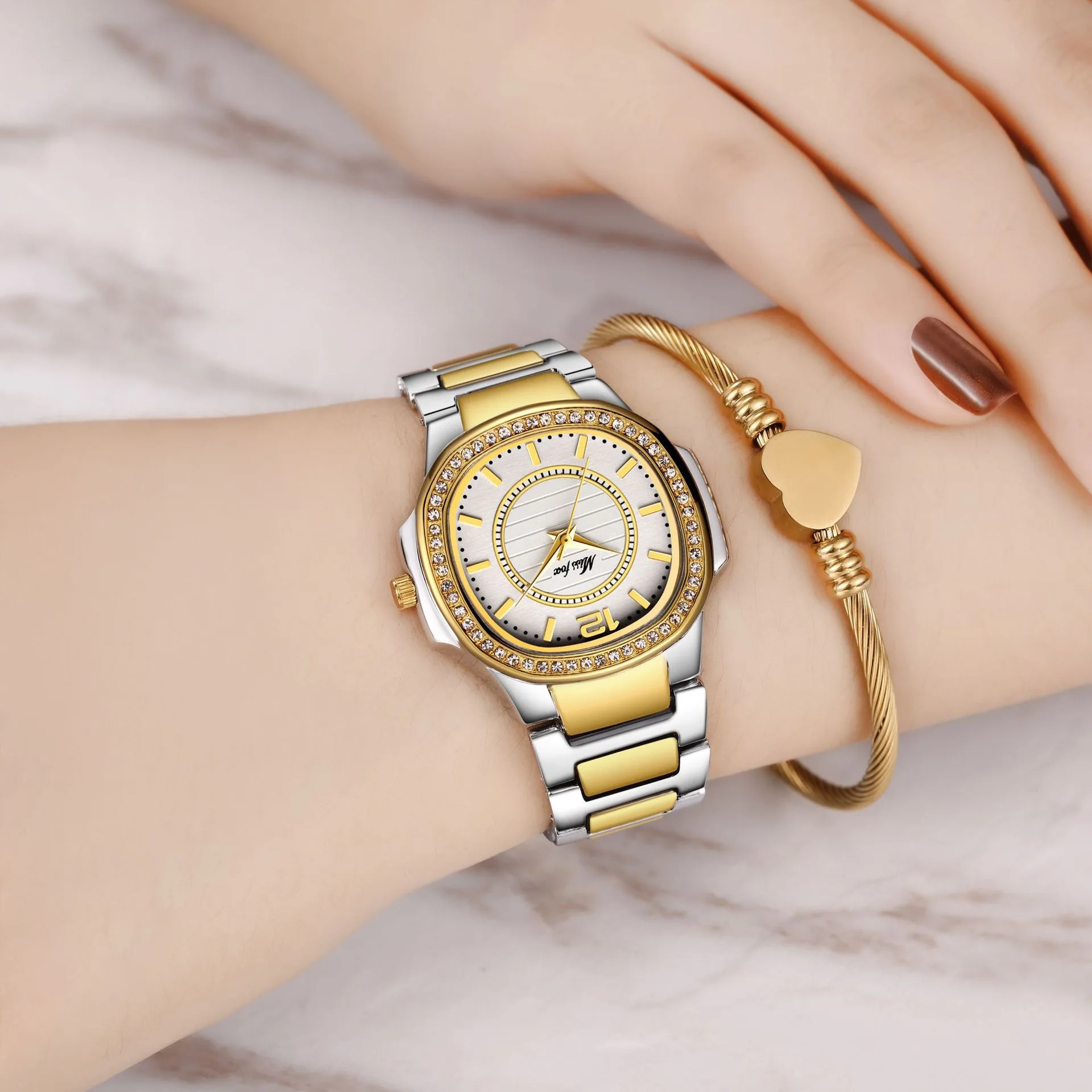 

Miss Fox 2549 Brand Fashion Women Quartz Watch Rose Gold Luxury Diamond Wristwatch Bracelet Clock Watches