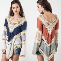 

New Women Bohemia Cotton V-neck Long Sleeve Hollow Out Crochet Girls Color Matching Loose Pullover Blouse Tops Beach Overall