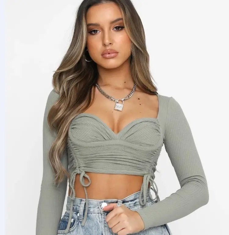 

Long Sleeve Threaded Low Cut Slim T-shirt Women's Dress Shirt Blouse One-color Cotton Blouses