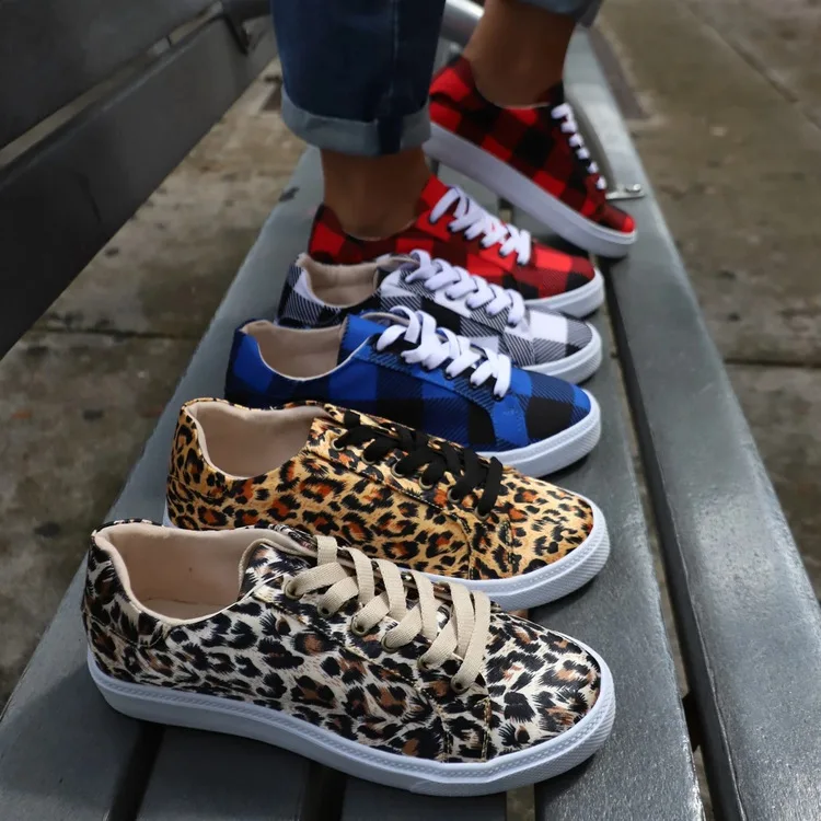 

Women Plaid&Leopard Lace-up Flat Canvas Shoes