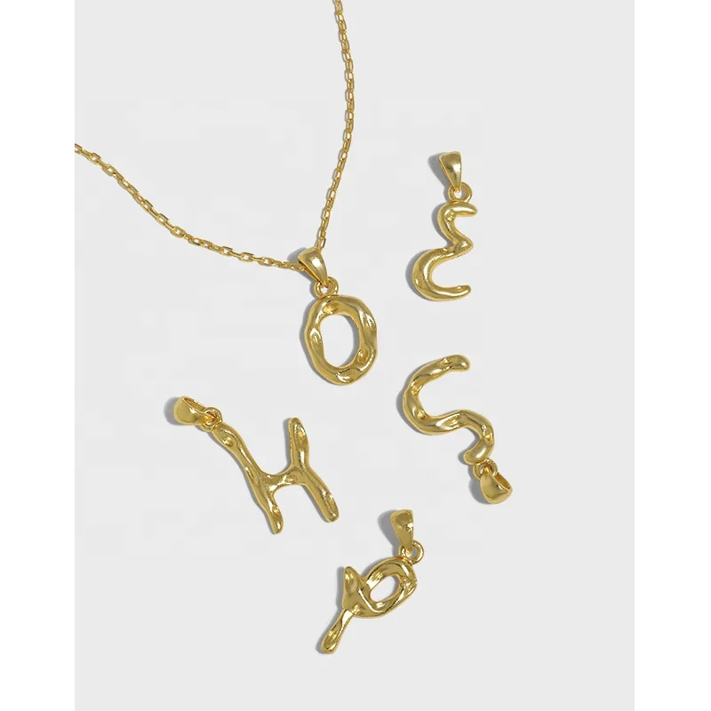 

New Trend 18K Gold Plated A-Z Bump Initial Pendant Necklace 925 Sterling Silver Geometric Irregular Initial Necklace for Women