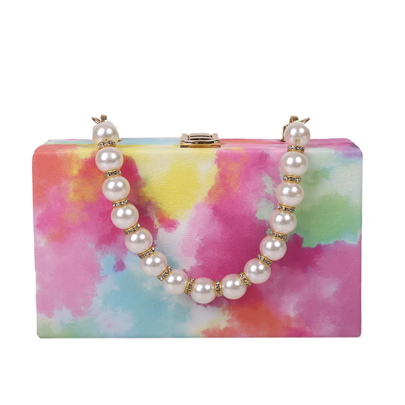

Luxury pearl handle gradient color wedding box purse women shoulder clutch chain party handbag ladies evening bags, 6colors