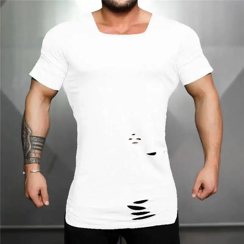 

Summer cotton men long cultivate one's morality short sleeve T-shirt for fitness square hole with short sleeves