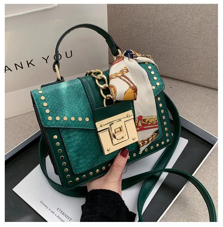 

Women's Bag 2021 New Women's Bag European And American Silk Scarf Single Shoulder Small Square Bag Fashion Snake Rivet Tote