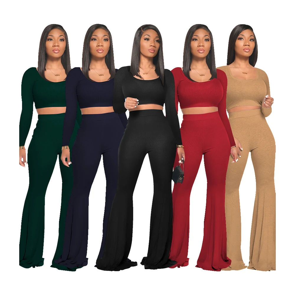 

Foma CY8880 in stock solid color clothing slim top and flares bell-bottoms pants 2 two piece set for women, 5 colors